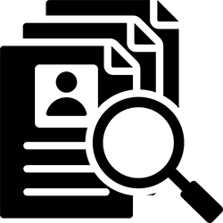 Background-Checks-on-Every-Employee Black icon showing documents with a user profile photo and a magnifying glass, symbolizing review or search of personal records or files.