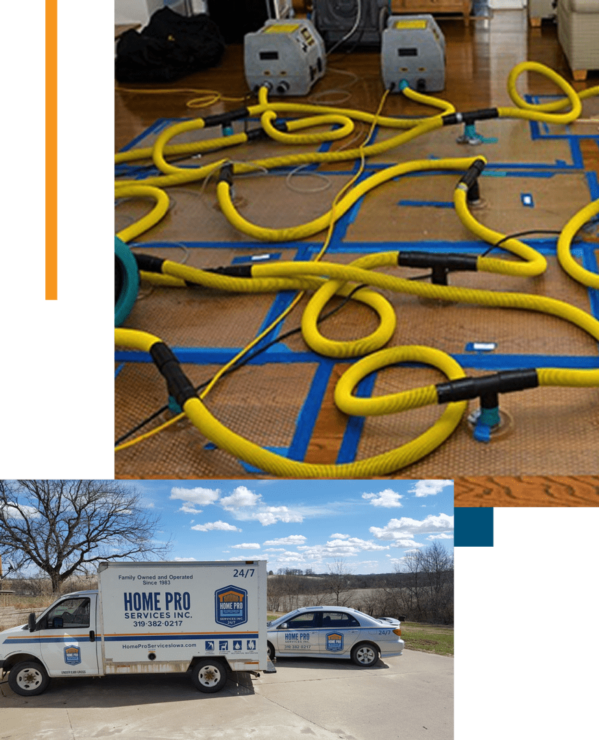 Yellow hoses and drying equipment are set up on a floor for water damage restoration. Outside, two Home Pro Services vehicles are parked on a driveway.