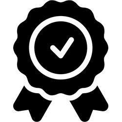 IICRC-Certified-Technicians Black icon of an award ribbon with a checkmark in the center, representing certification, approval, or quality assurance.