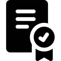 Licensed,-Bonded-&-Insured Icon of a document with lines of text and a ribbon featuring a checkmark, representing certification or official approval.