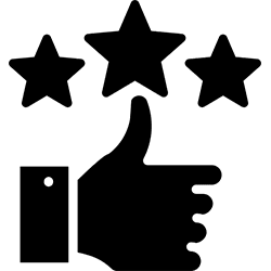 Satisfaction-Guaranteed A black thumbs-up icon below three black stars, representing approval or a three-star rating.