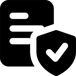 We Work With All Black icon of a document with three horizontal lines, overlaid by a shield featuring a check mark, symbolizing data protection or secure information.