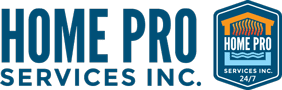 Logo for Home Pro Services Inc. featuring bold blue text and a shield emblem with the company name and “24/7” inside.